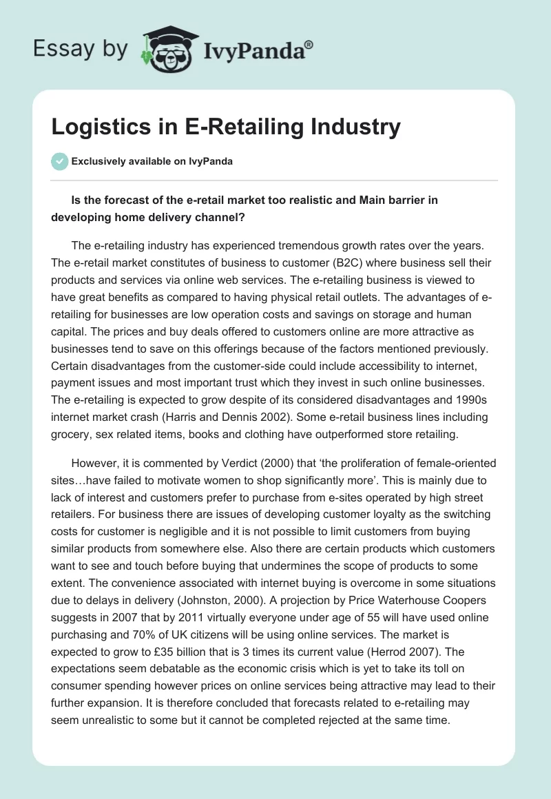 Logistics in E-Retailing Industry. Page 1