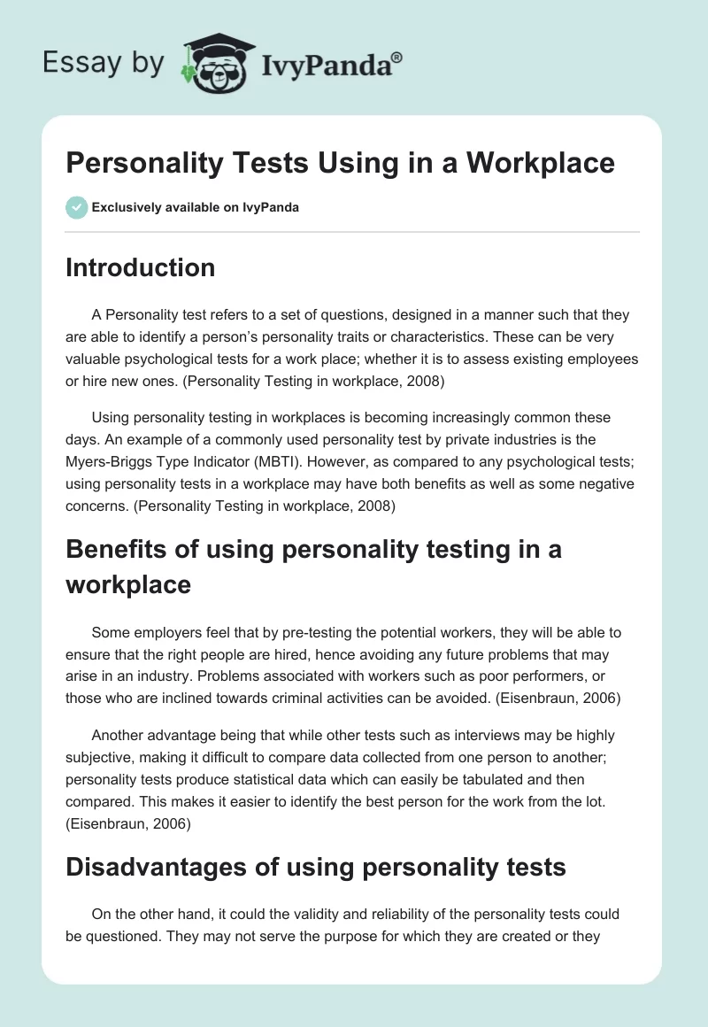 Personality Tests Using in a Workplace. Page 1