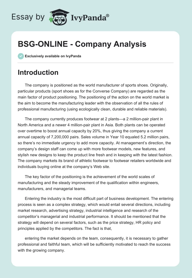 BSG-ONLINE - Company Analysis. Page 1