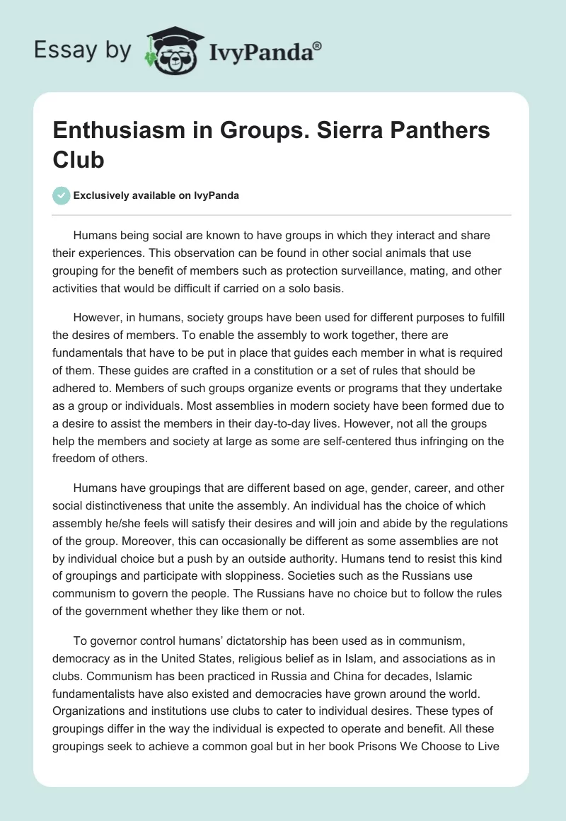 Enthusiasm in Groups. Sierra Panthers Club. Page 1