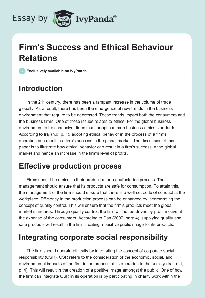 Firm's Success and Ethical Behaviour Relations. Page 1