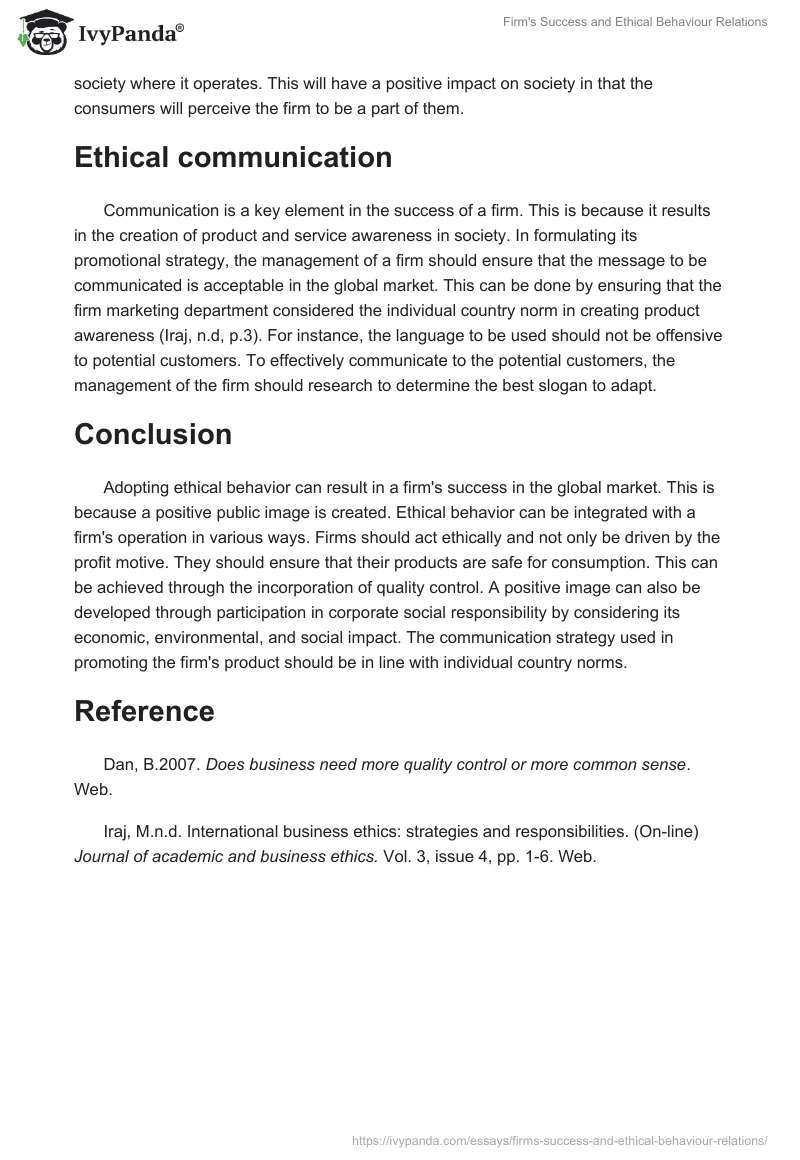Firm's Success and Ethical Behaviour Relations. Page 2