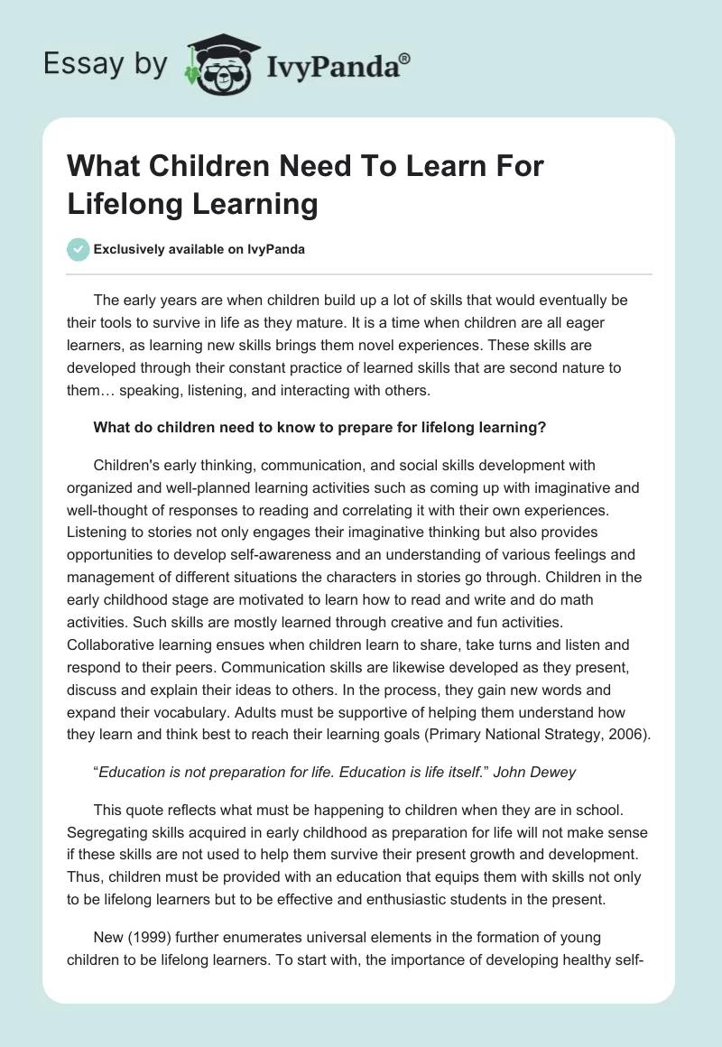 What Children Need To Learn For Lifelong Learning. Page 1