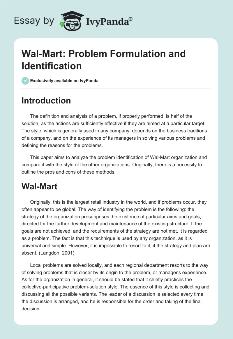 Wal-Mart: Problem Formulation and Identification. Page 1