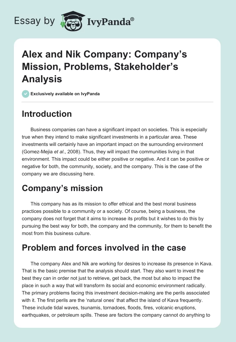 Alex and Nik Company: Company’s Mission, Problems, Stakeholder’s Analysis. Page 1