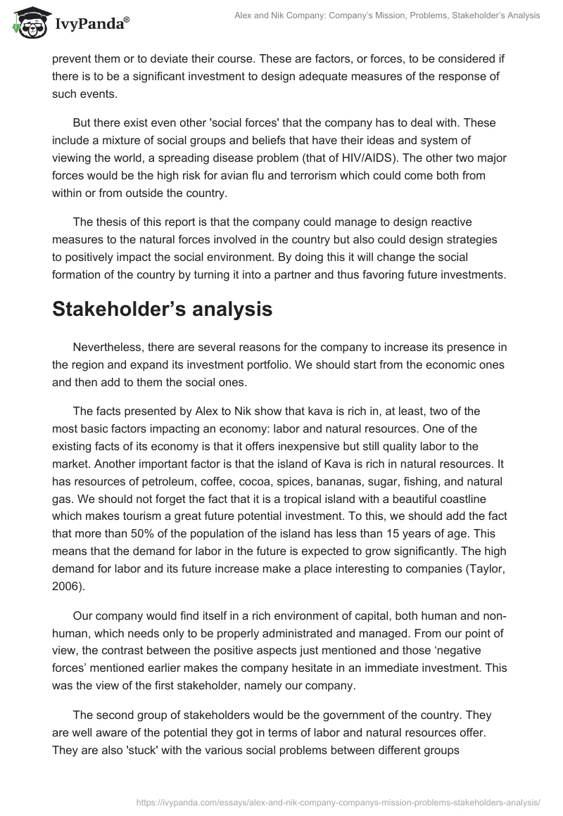 Alex and Nik Company: Company’s Mission, Problems, Stakeholder’s Analysis. Page 2