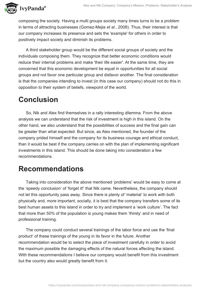 Alex and Nik Company: Company’s Mission, Problems, Stakeholder’s Analysis. Page 3