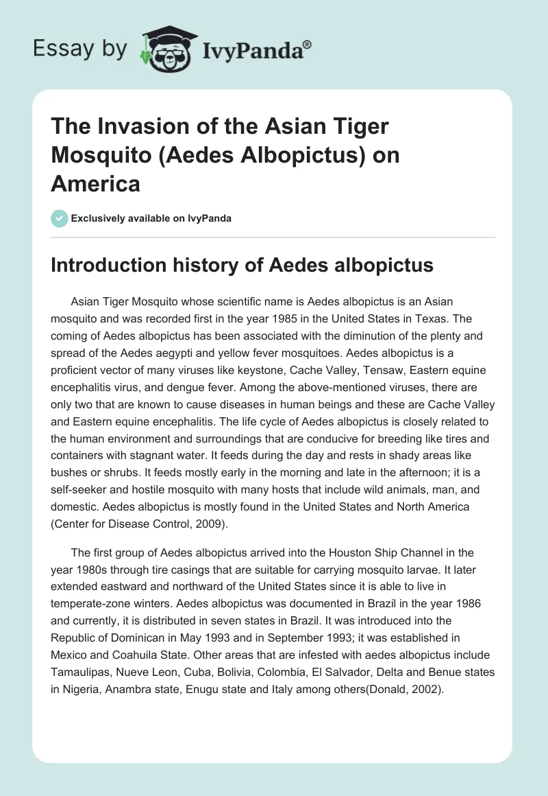 The Invasion of the Asian Tiger Mosquito (Aedes Albopictus) on America. Page 1