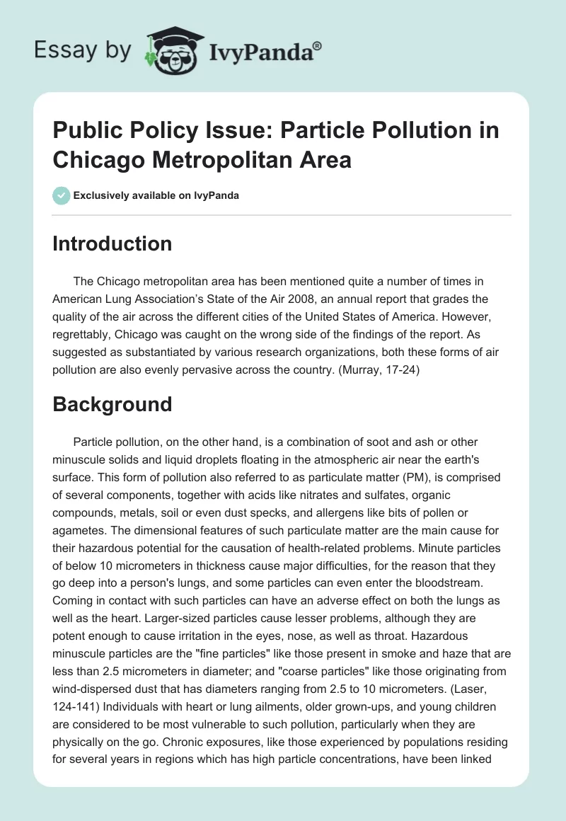 Public Policy Issue: Particle Pollution in Chicago Metropolitan Area. Page 1