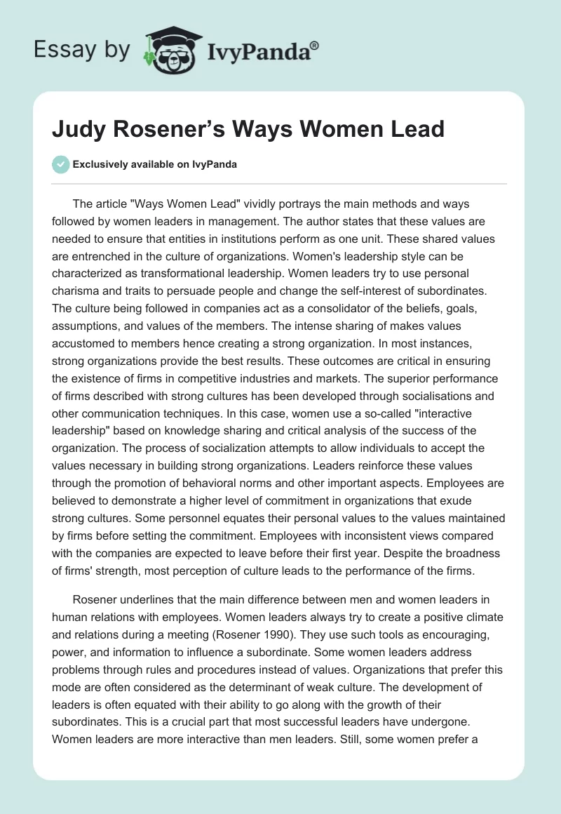 Judy Rosener’s "Ways Women Lead". Page 1
