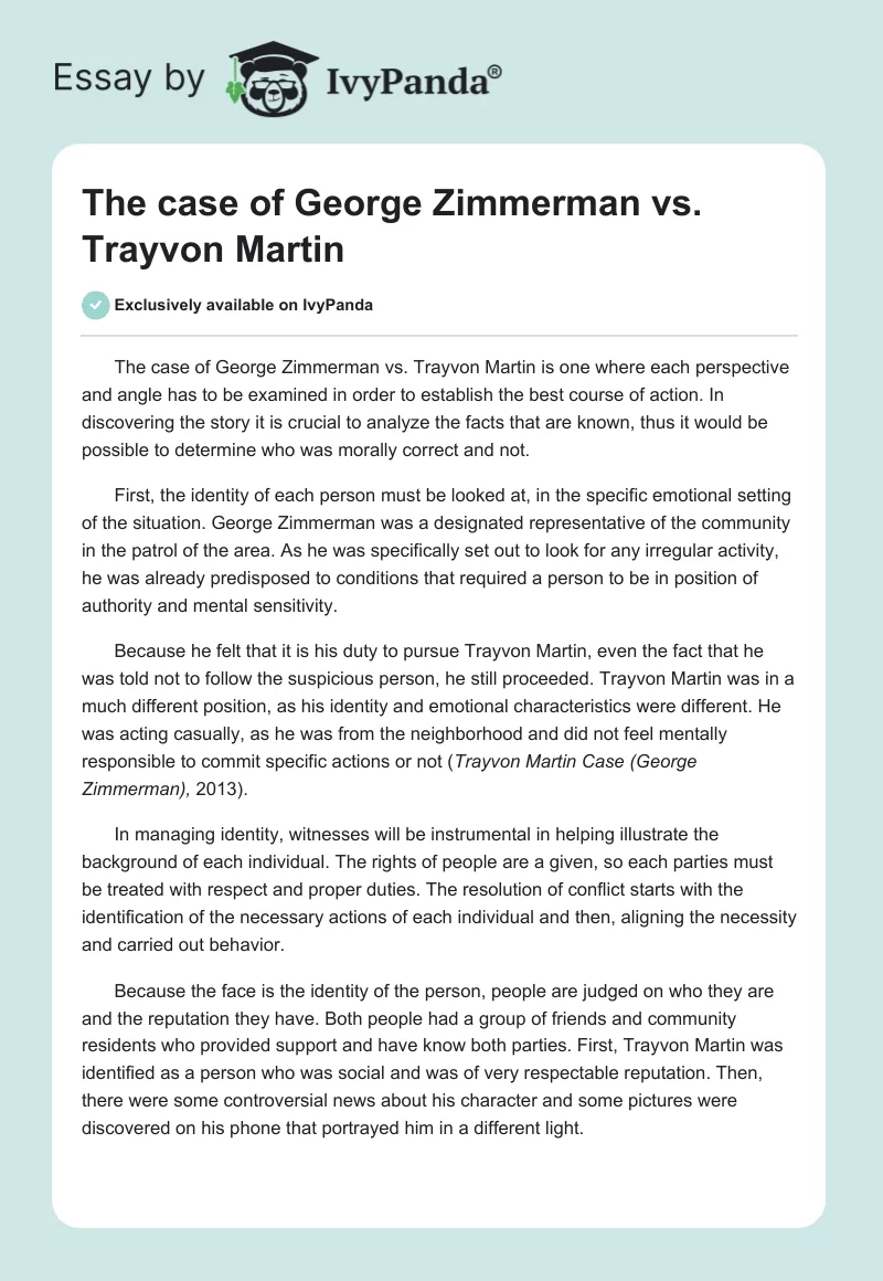 The case of George Zimmerman vs. Trayvon Martin. Page 1