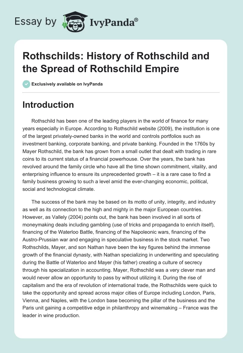 Rothschilds: History of Rothschild and the Spread of Rothschild Empire. Page 1