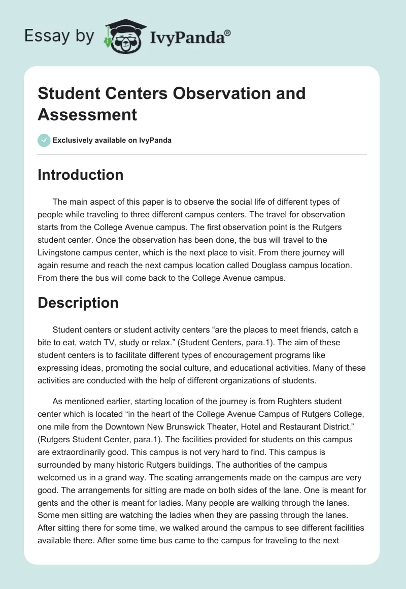 Student Centers Observation and Assessment. Page 1