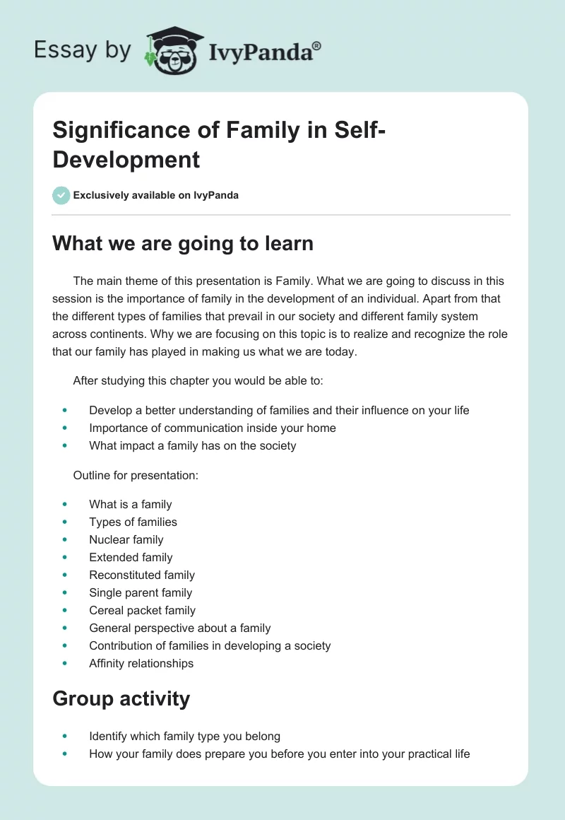 Significance of Family in Self-Development. Page 1