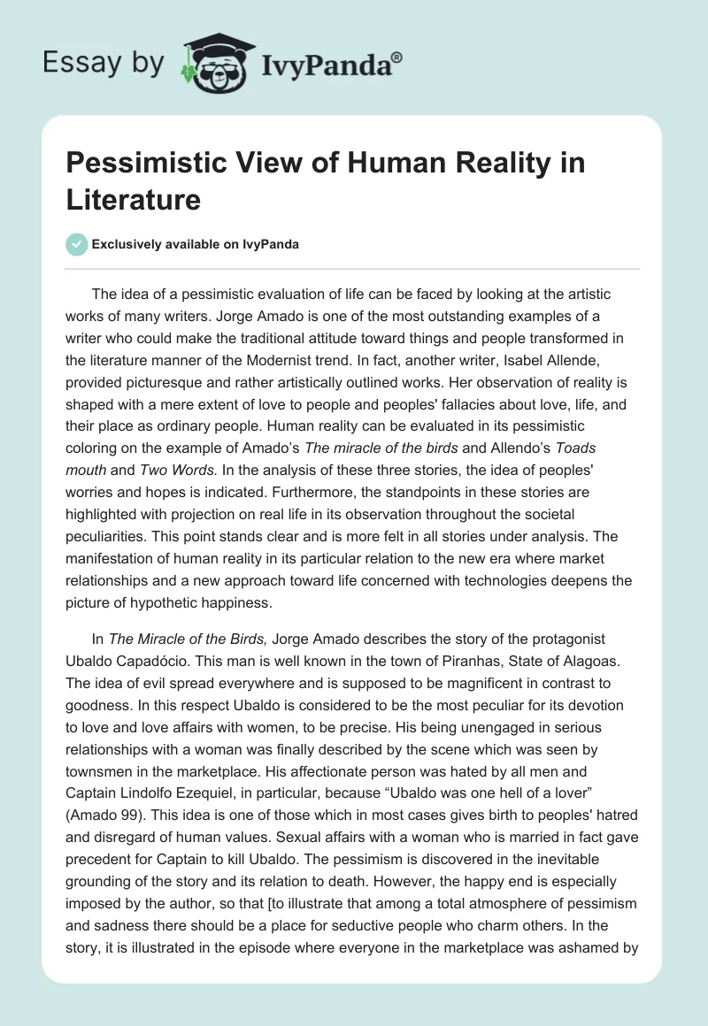 Pessimistic View of Human Reality in Literature. Page 1