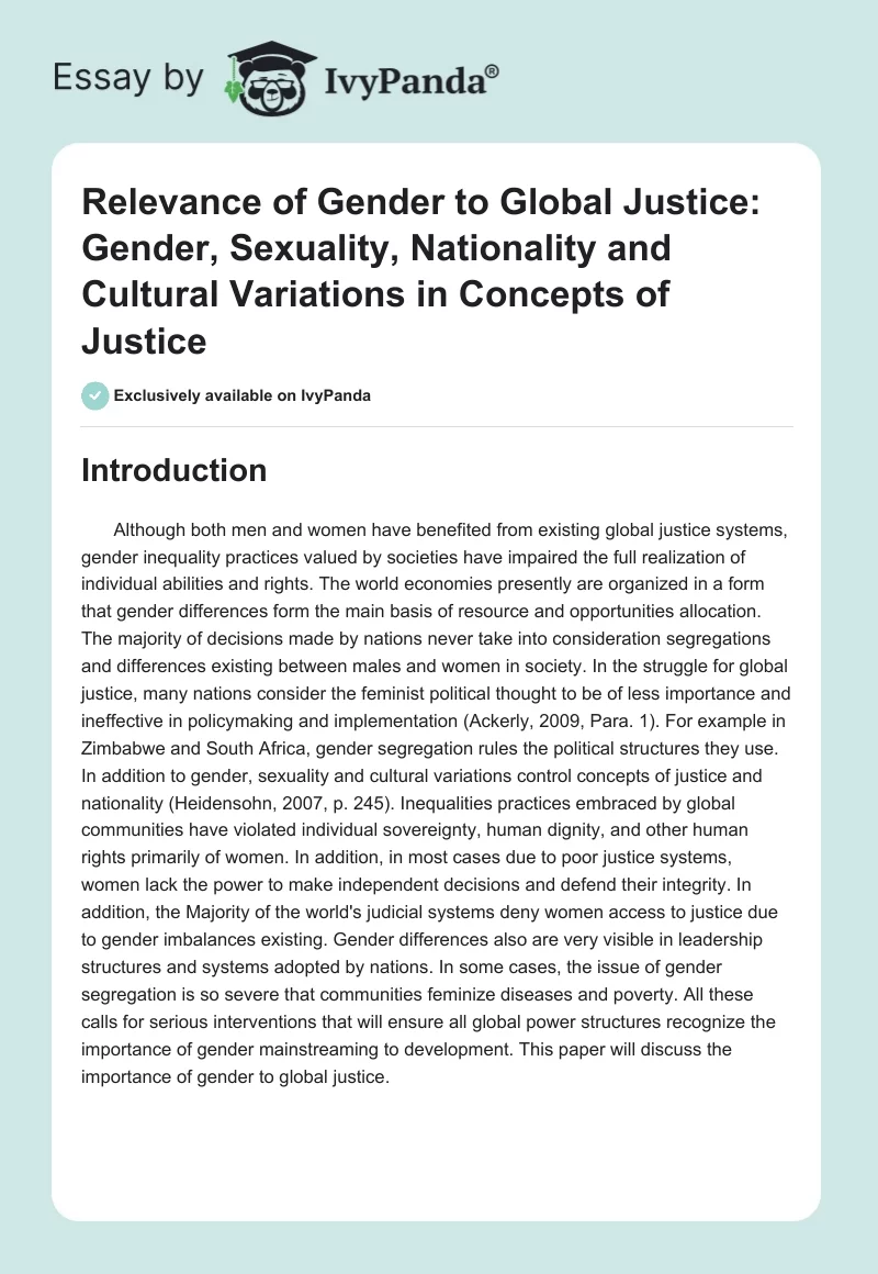 Relevance of Gender to Global Justice: Gender, Sexuality, Nationality and Cultural Variations in Concepts of Justice. Page 1
