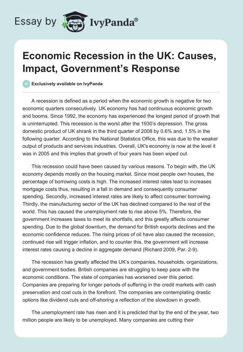 Economic Recession in the UK: Causes, Impact, Government’s Response. Page 1
