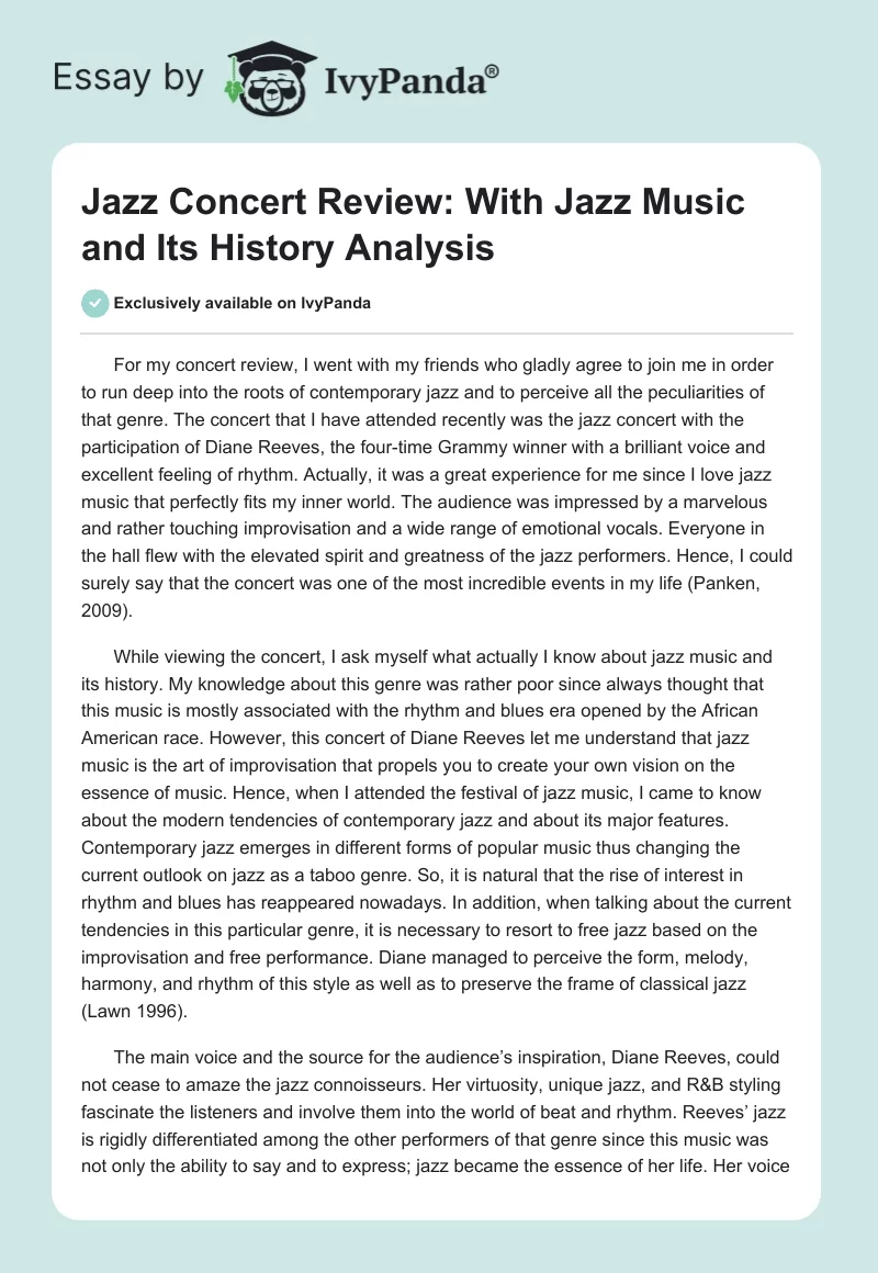 Jazz Concert Review: With Jazz Music and Its History Analysis. Page 1