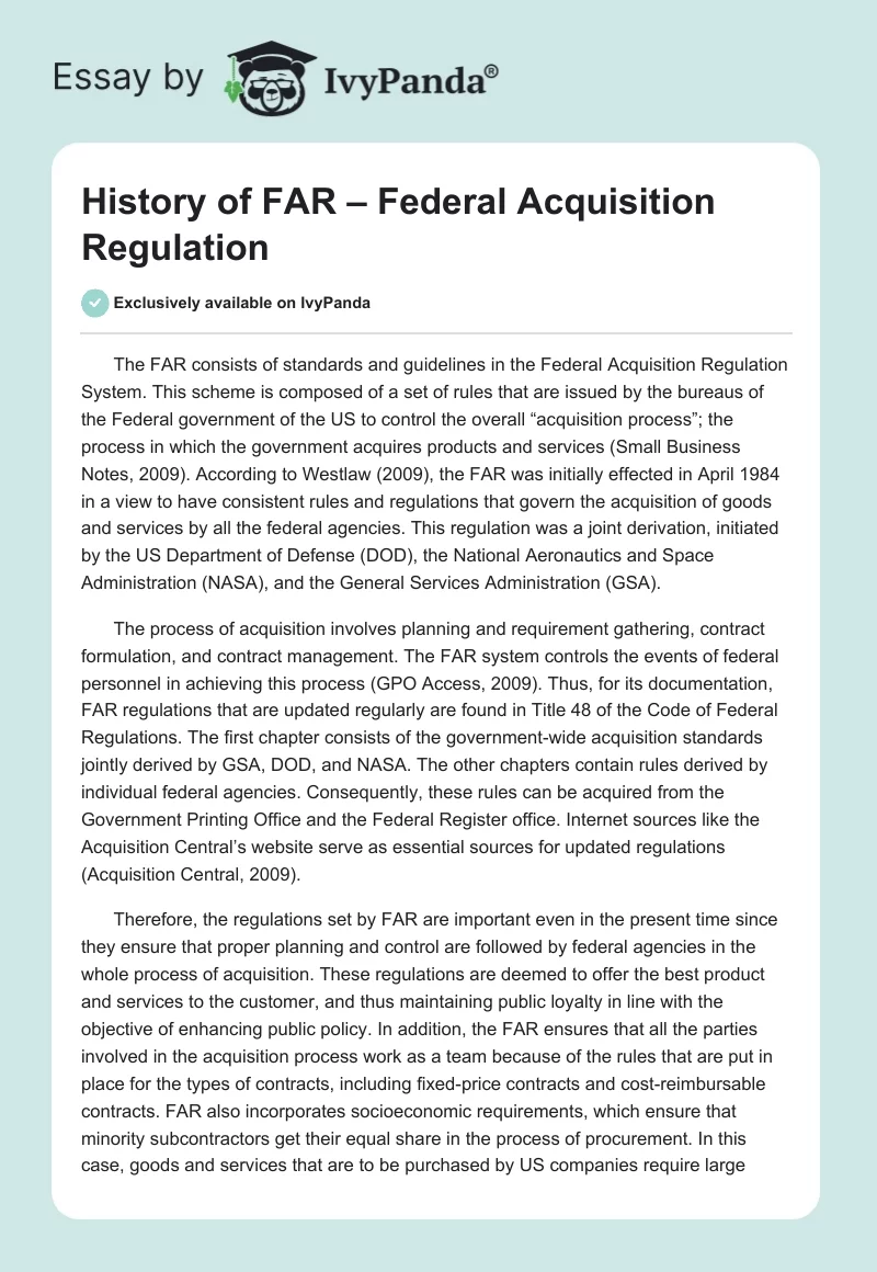 History of FAR – Federal Acquisition Regulation. Page 1