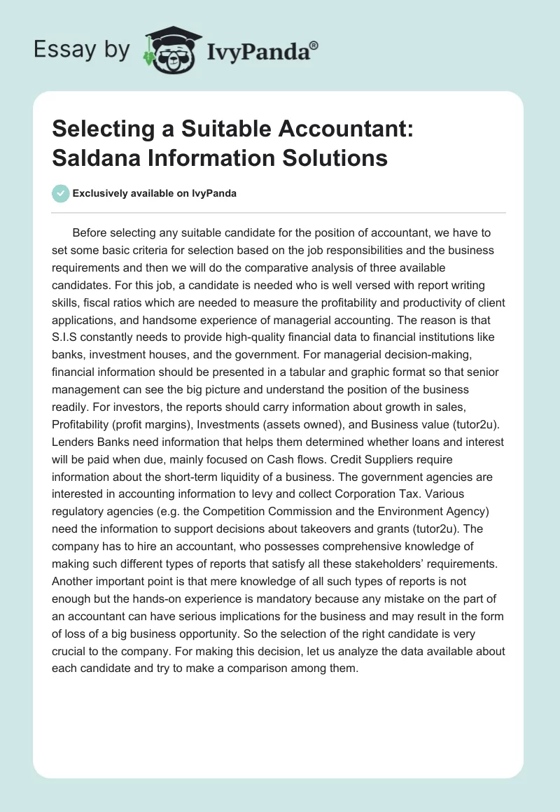 Selecting a Suitable Accountant: Saldana Information Solutions. Page 1