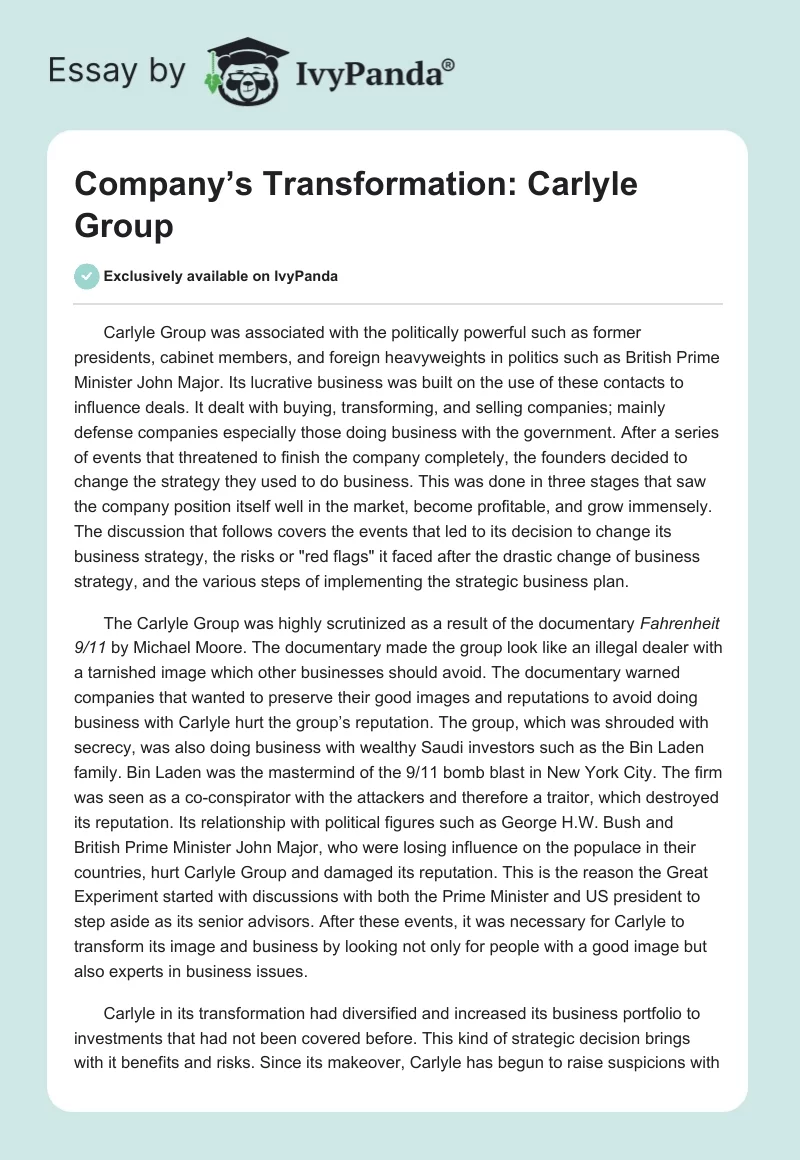 Company’s Transformation: Carlyle Group. Page 1