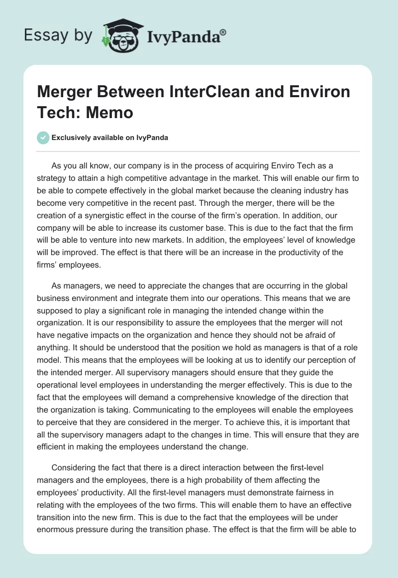 Merger Between InterClean and Environ Tech: Memo. Page 1