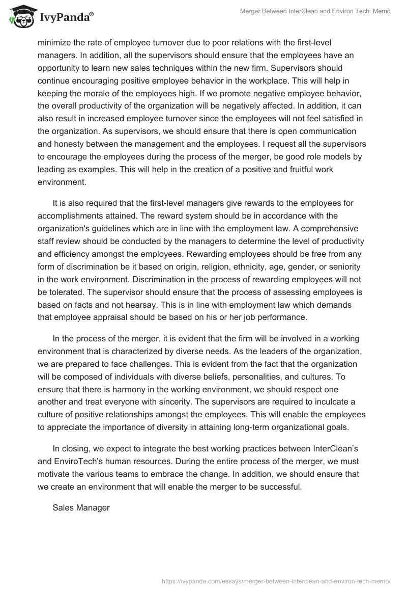 Merger Between InterClean and Environ Tech: Memo. Page 2