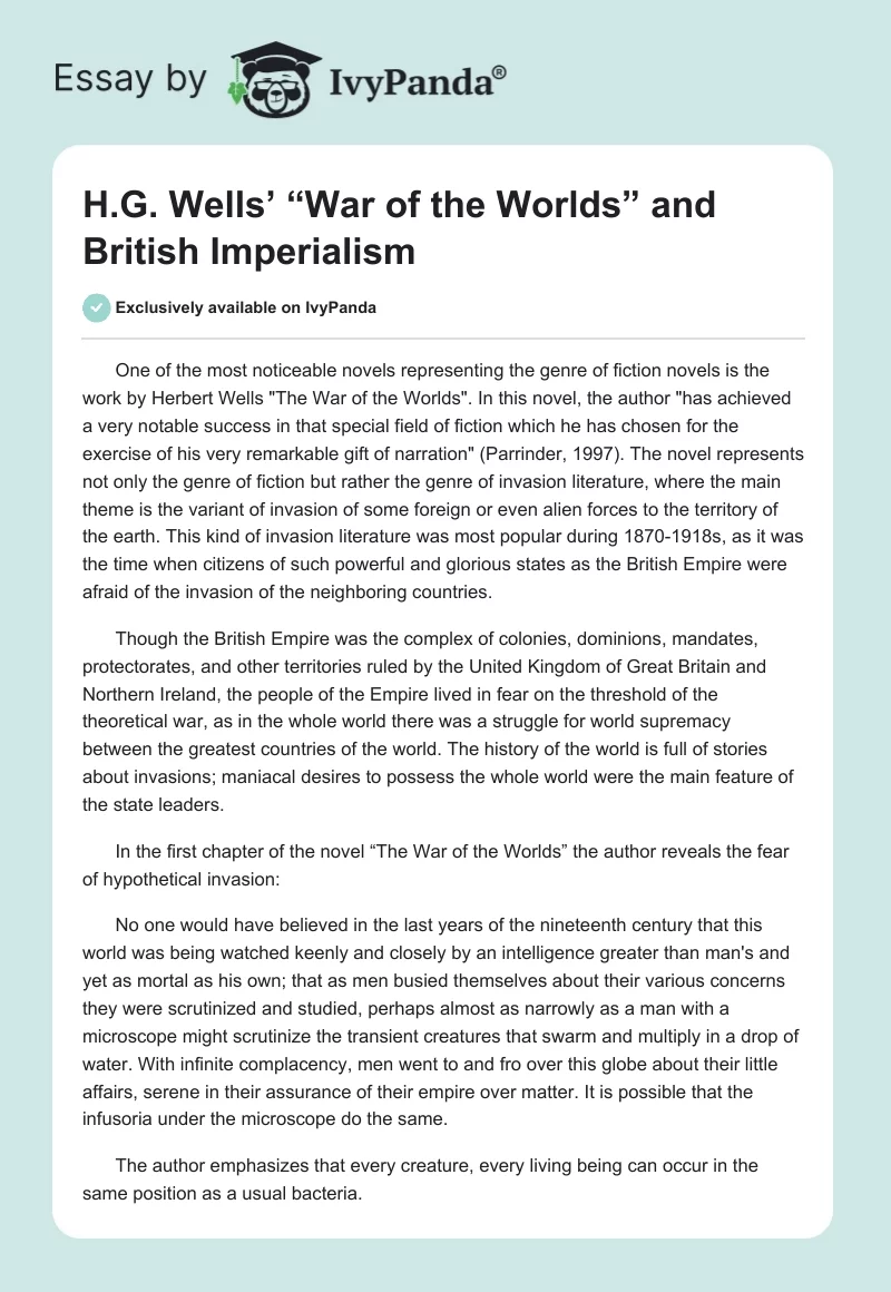 H.G. Wells’ “War of the Worlds” and British Imperialism. Page 1
