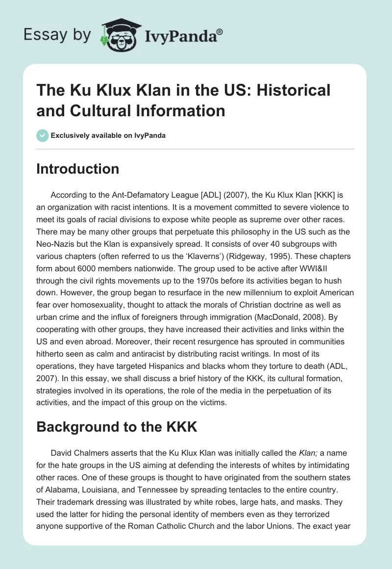 The Ku Klux Klan in the US: Historical and Cultural Information. Page 1