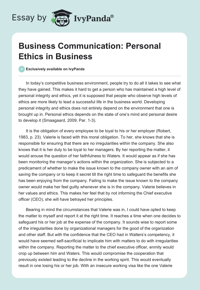 Business Communication: Personal Ethics in Business. Page 1