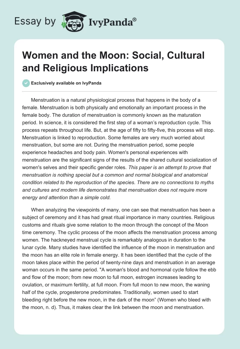 Women and the Moon: Social, Cultural and Religious Implications. Page 1