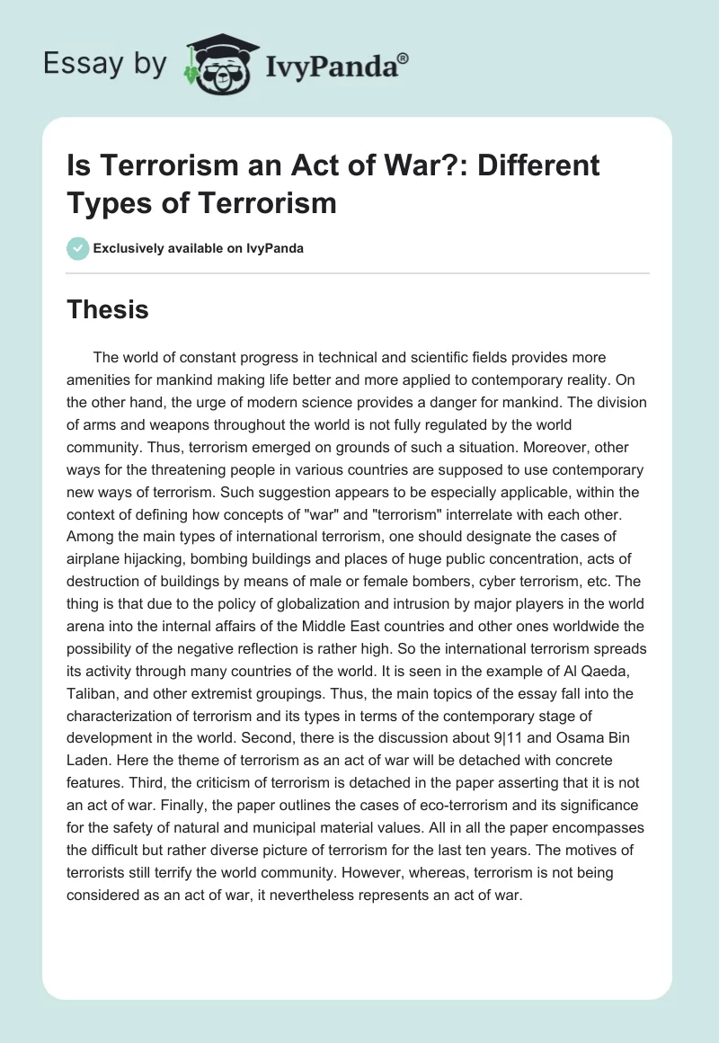 Is Terrorism an Act of War?: Different Types of Terrorism. Page 1