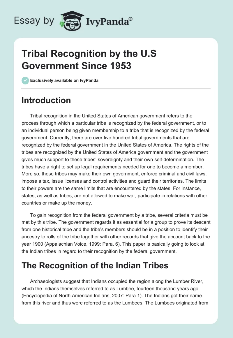 Tribal Recognition by the U.S Government Since 1953. Page 1