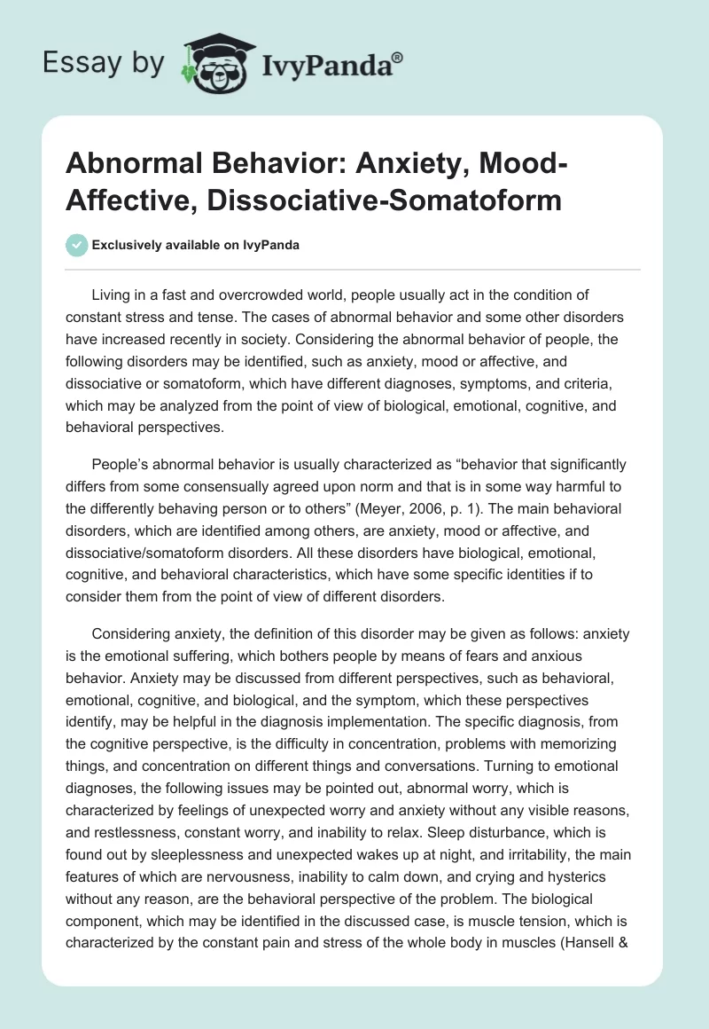 Abnormal Behavior: Anxiety, Mood-Affective, Dissociative-Somatoform. Page 1
