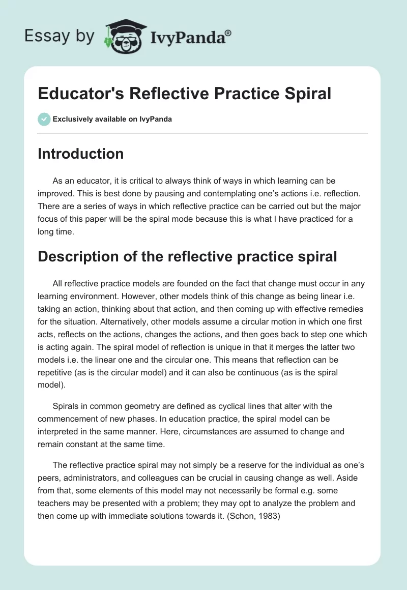 Educator's Reflective Practice Spiral. Page 1