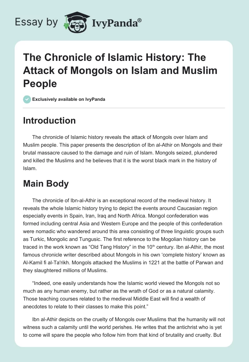 The Chronicle of Islamic History: The Attack of Mongols on Islam and Muslim People. Page 1