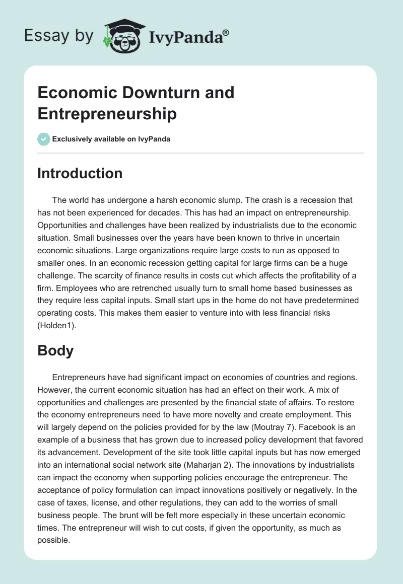 Economic Downturn and Entrepreneurship. Page 1