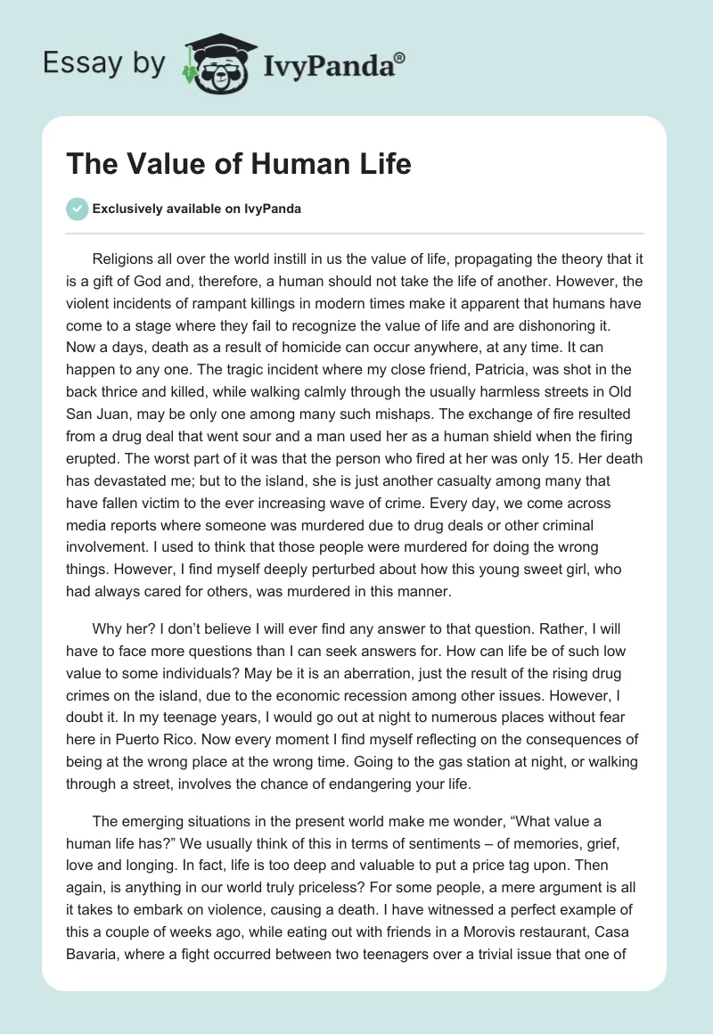 The Value of Human Life. Page 1