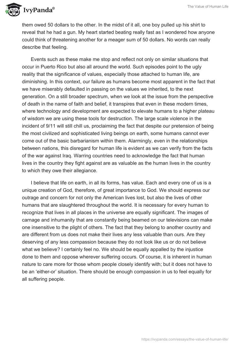 essay about the value of human life