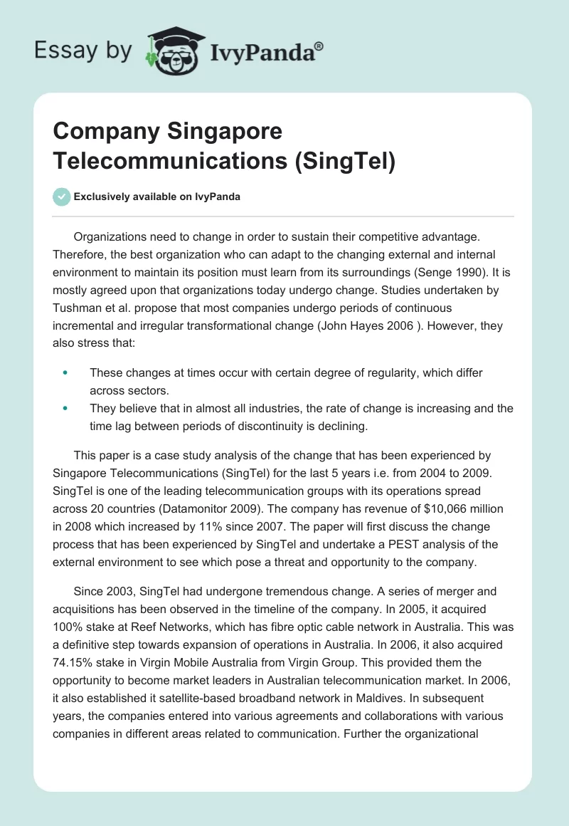 Company Singapore Telecommunications (SingTel). Page 1