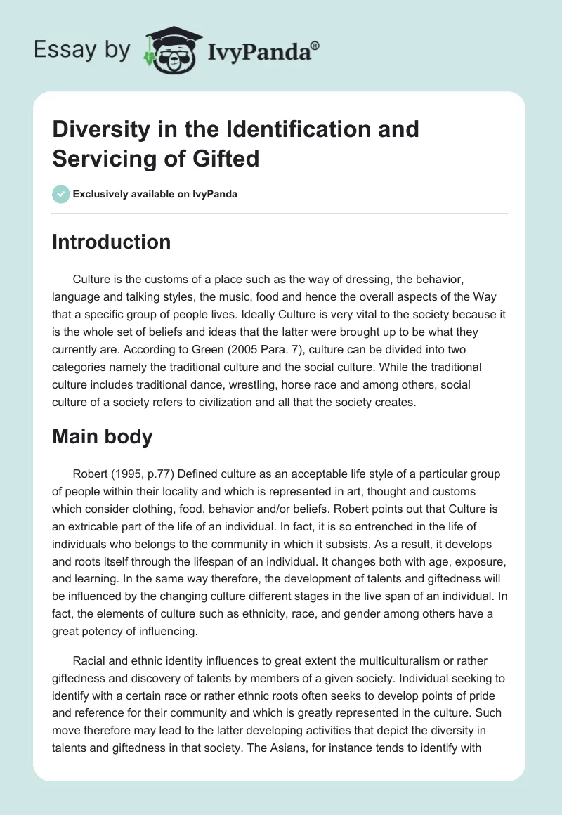 Diversity in the Identification and Servicing of Gifted. Page 1