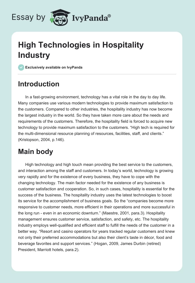 High Technologies in Hospitality Industry. Page 1