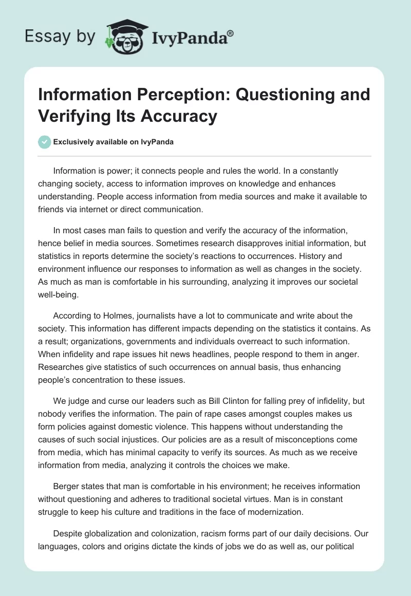 Information Perception: Questioning and Verifying Its Accuracy. Page 1