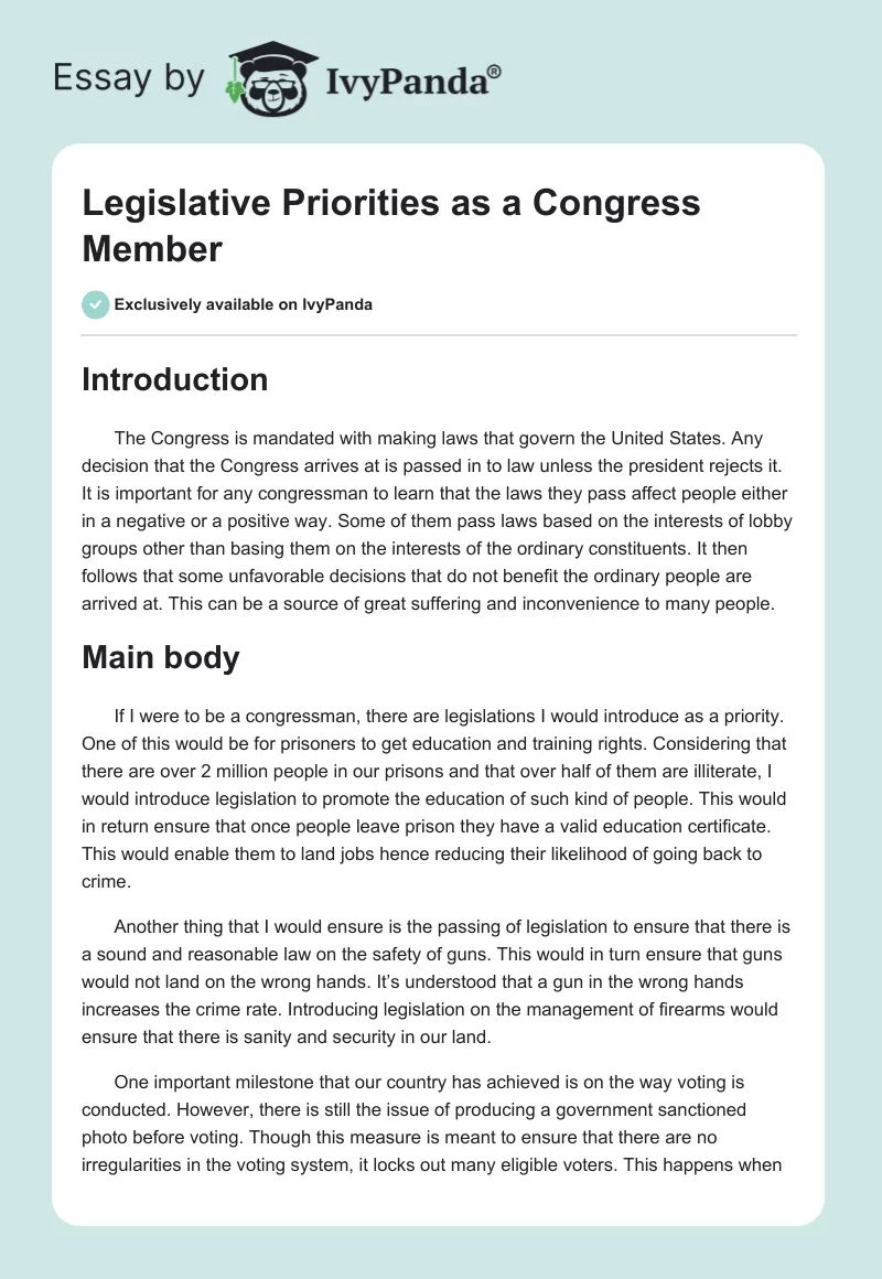 Legislative Priorities as a Congress Member. Page 1