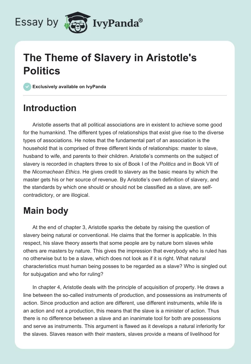 The Theme of Slavery in Aristotle's "Politics". Page 1