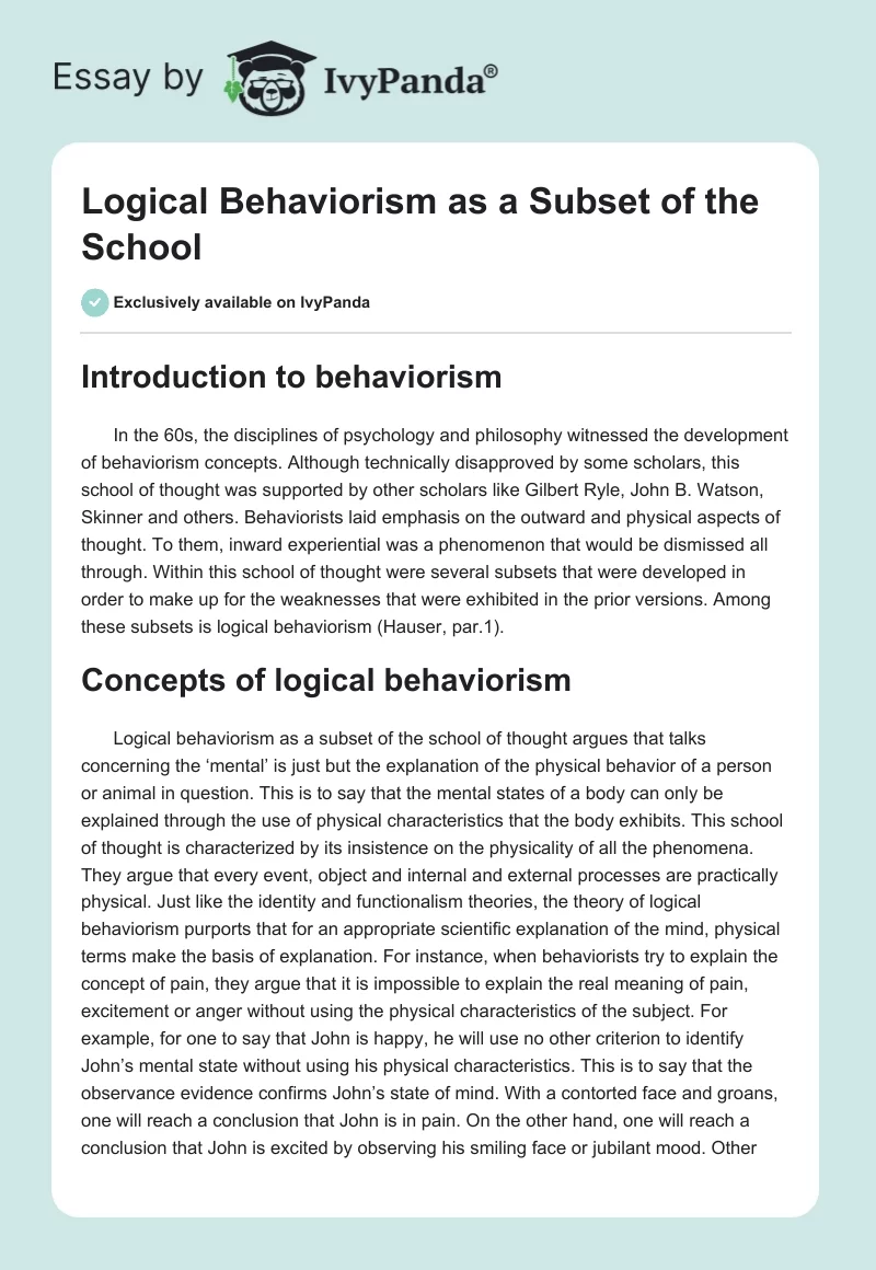 Logical Behaviorism as a Subset of the School. Page 1