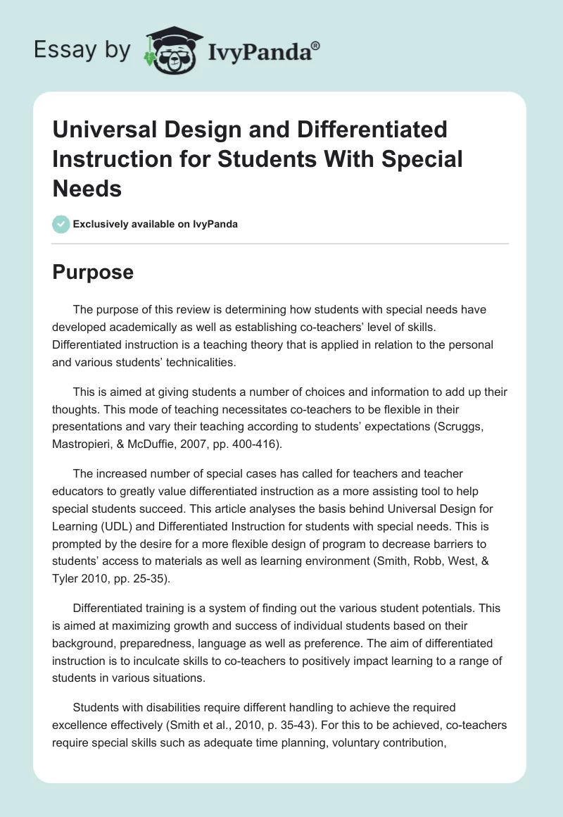 Universal Design and Differentiated Instruction for Students With Special Needs. Page 1
