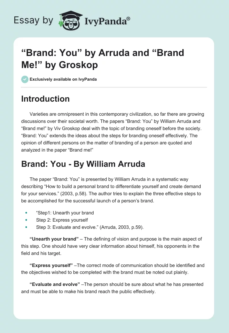 “Brand: You” by Arruda and “Brand Me!” by Groskop. Page 1