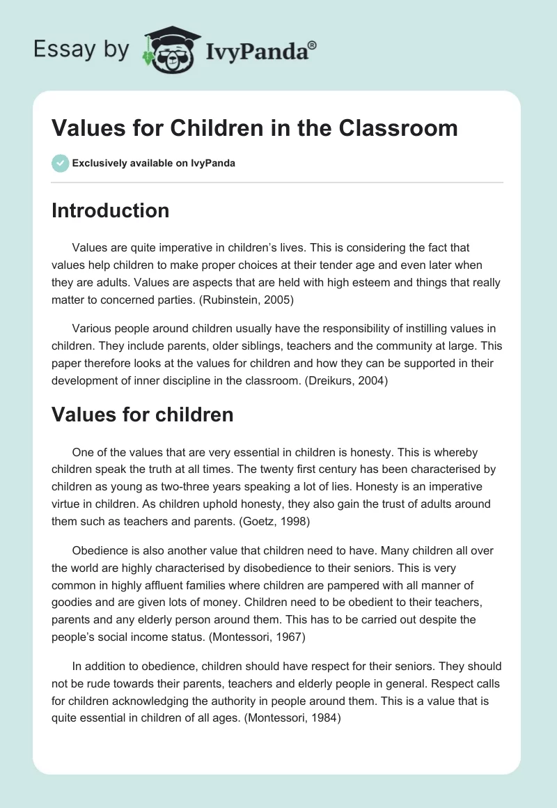 Values for Children in the Classroom. Page 1