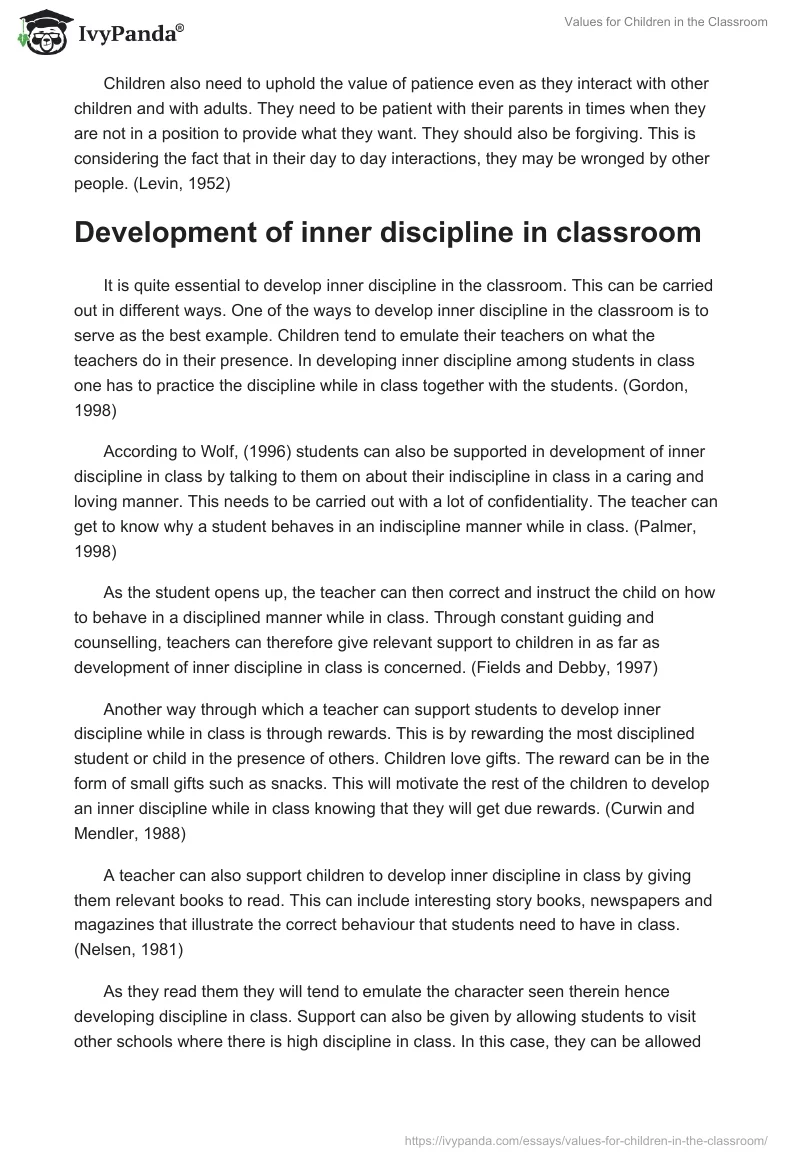 Values for Children in the Classroom. Page 2
